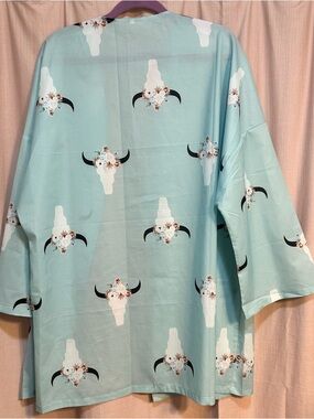 Light Blue Floral Steer Skull Kimono Jacket